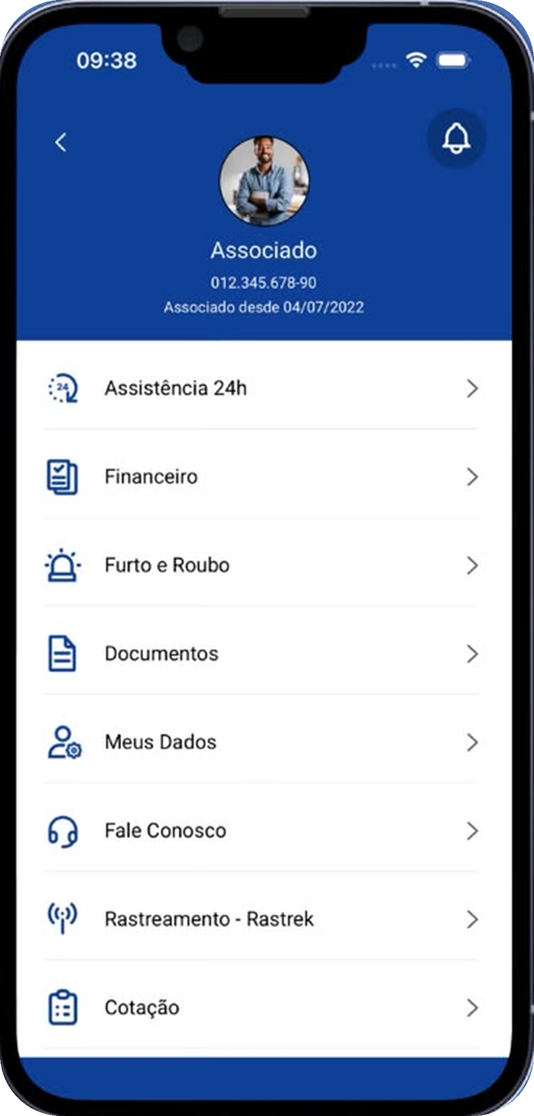 Tela do aplicativo APAN Proteção Veicular mostrando o menu do associado